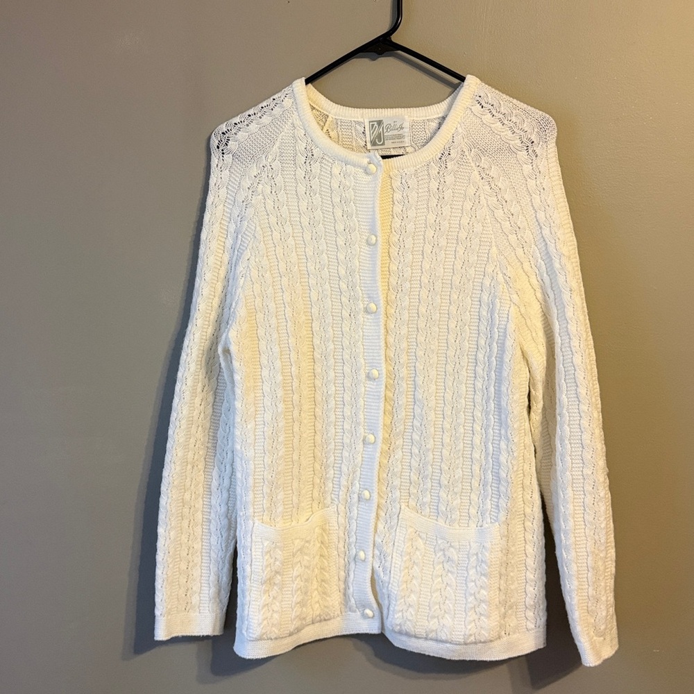 Vintage 60s Billie Jo Cardigan Sweater  White Long Sleeve   Size Small